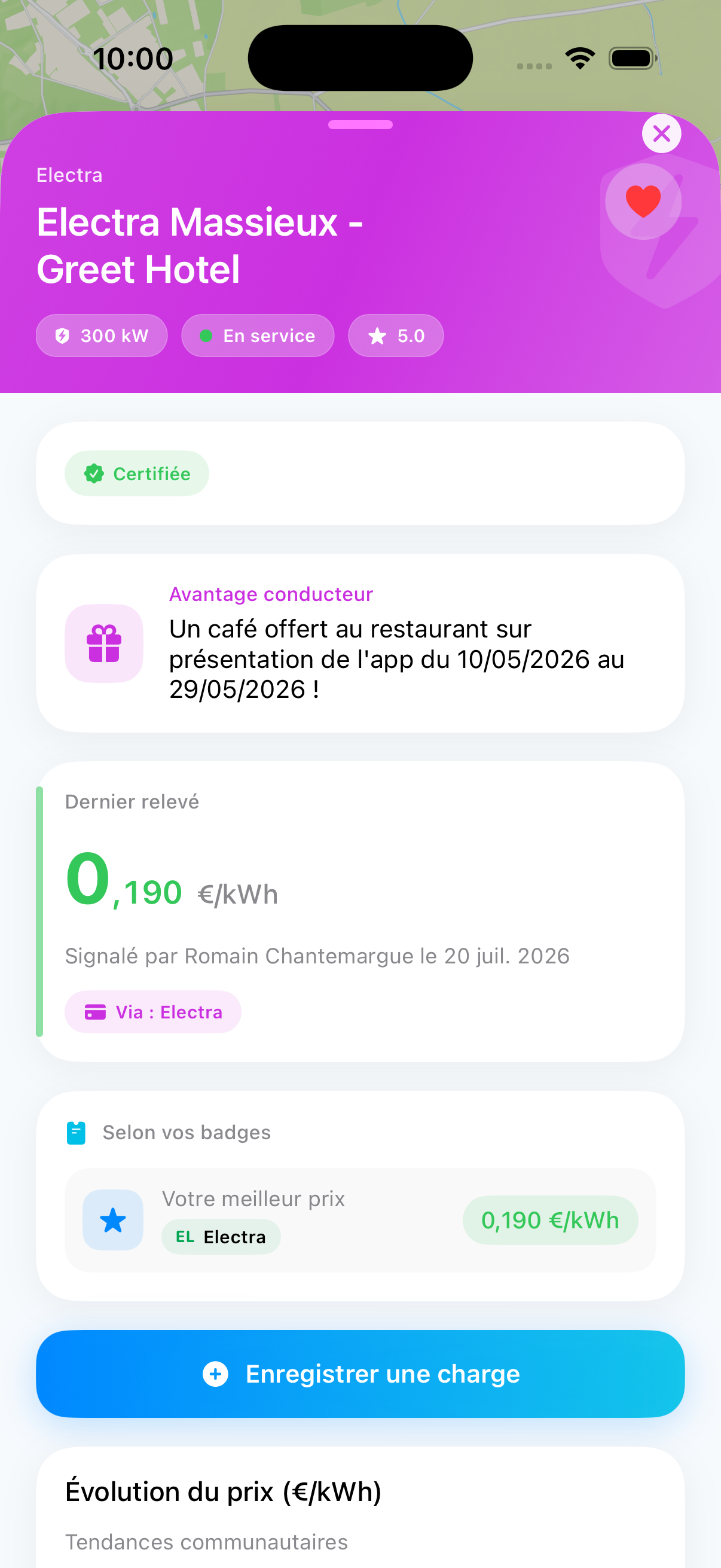 Application MyCharge sur iPhone — carte des bornes de recharge électrique et prix au kWh